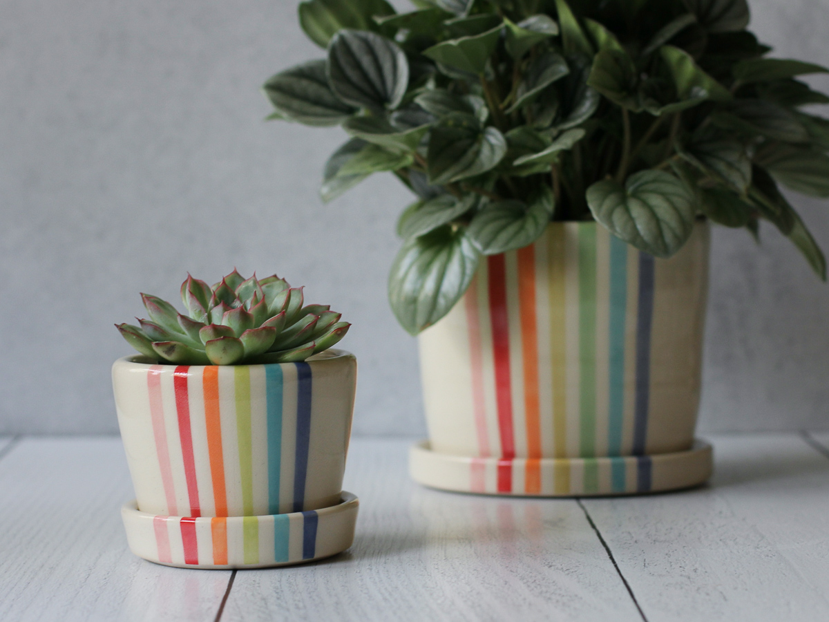 Rainbow stripe planter with saucer