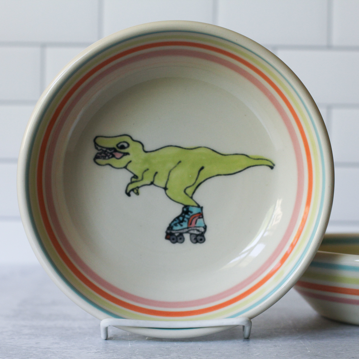 T-Rex on Rollerskates pasta bowl