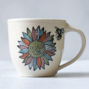 Mug - Cozy Mug - Colorful Sunflowers and Bees - Approx 16 oz mug