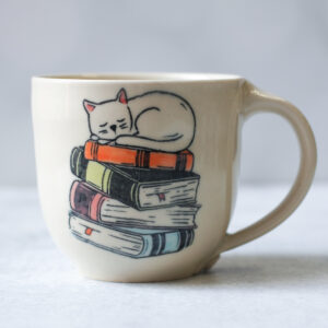 Mug - Cozy Mug - Cat on Books- Approx 16 oz mug