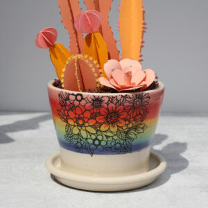 Planter with Saucer, M - Rainbow Stripes and Flowers