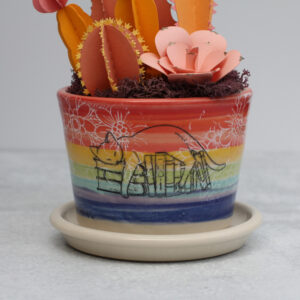 Planter with Saucer, M - Rainbow Cat and Books
