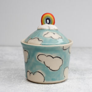Small Lidded Jar - Treasure Box / Sugar Jar - Rainbow and Clouds